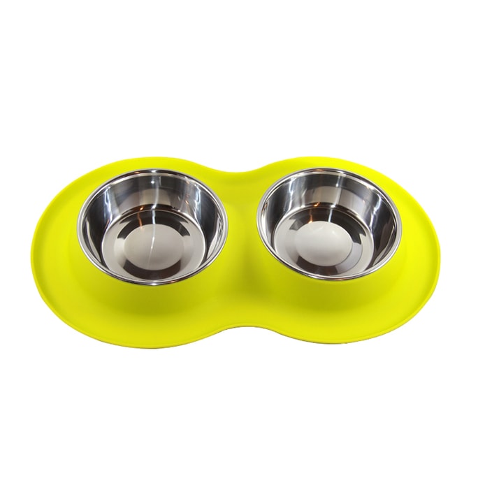 Double Dog Bowl Pet Feeding Station Stainless Steel Water and Food Bowls with Non Skid Non Spill Mat Yellow