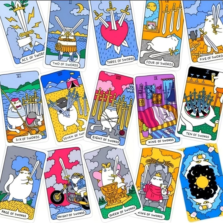 Cat Tarot Cards with Cat Paw Design, Cute & Surreal Style, Waite