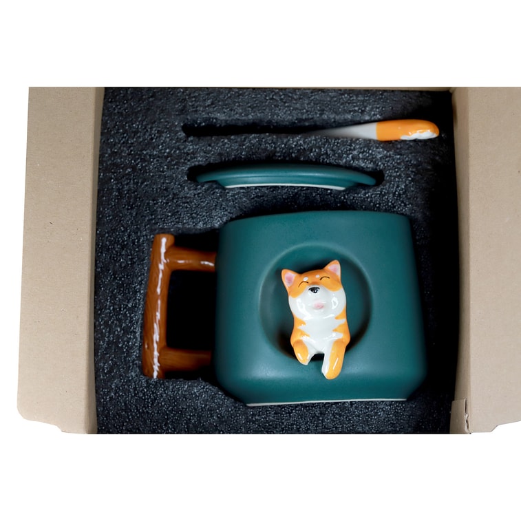 GINKGOHOME Cute Dog Ceramic Mug Wood Handle Design With Spoon And Lid - Green 16oz 5