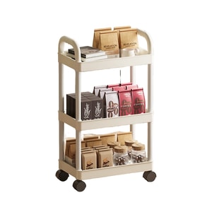 3-Tier Rolling Storage Cart Cream White 1 Piece【thickened PP·Swivel Casters·3cm Guardrail】 Handle Utility Rack, Hollow Drainage Shelf 【Kitchen·Bathroom·Study】 Slim Gap Storage No-Assembly Organizer