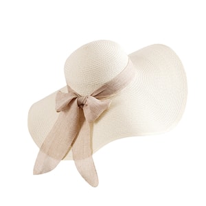 Straw Sun Hat Summer Beach Large Brim Sun Shading Breathable Bowknot Sun Hat Beige