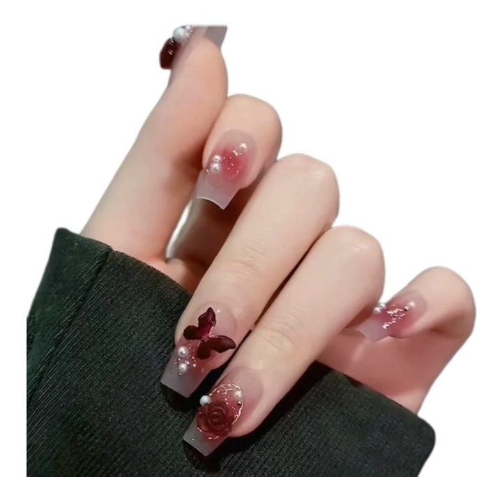 False Long Nails Fake Nails Wine Color With Butterflies1 Box Each Box Contain 22-24 Pcs With Tools