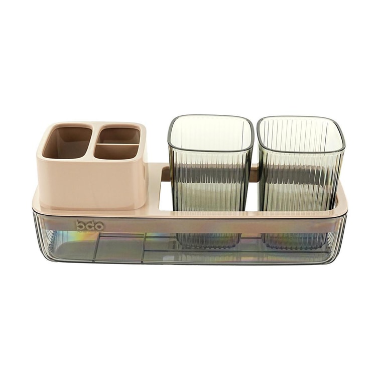 BDO 牙杯牙刷置物架 洗漱杯套装 电动牙刷架牙膏收纳架漱口杯子 透明黑/浅咖 13