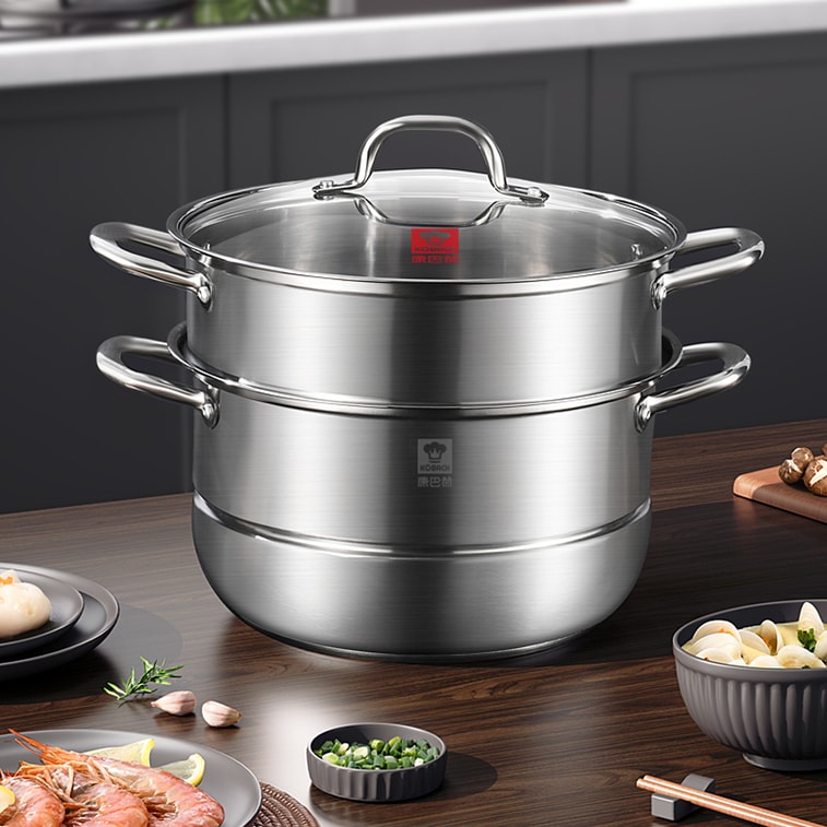 Double Layers Stainless Steel Steamer with Glass Lid 28cm 4