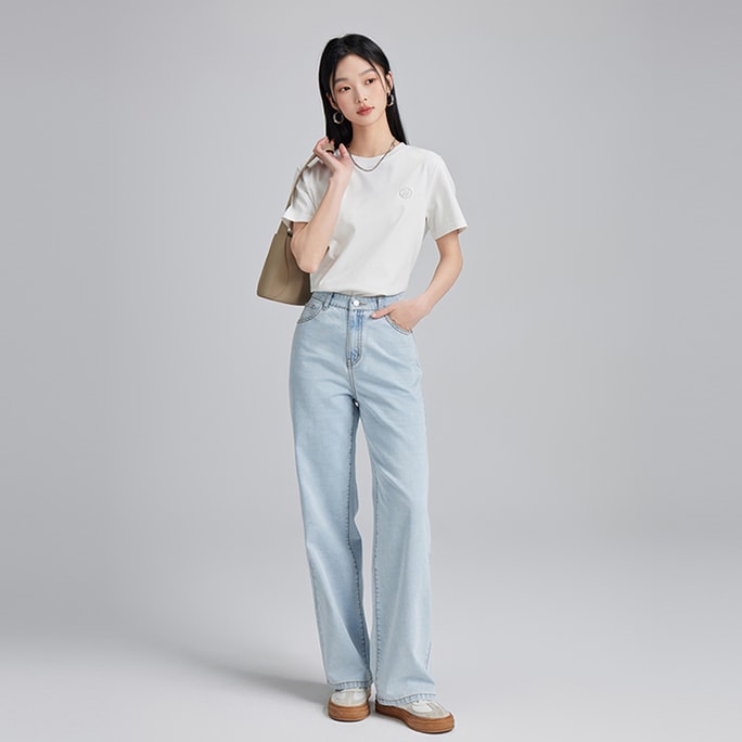 HSPM New High Waist Straight Barrel Ragged Edge Embroidered Jeans Light Blue M