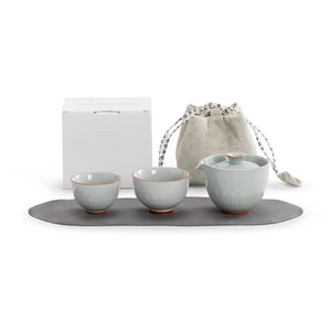 ロータス クイックカップ ポータブル トラベル ティーセット、エンシェントブルー、ポット1個 + カップ2個 + マット1個 + 収納バッグ1個