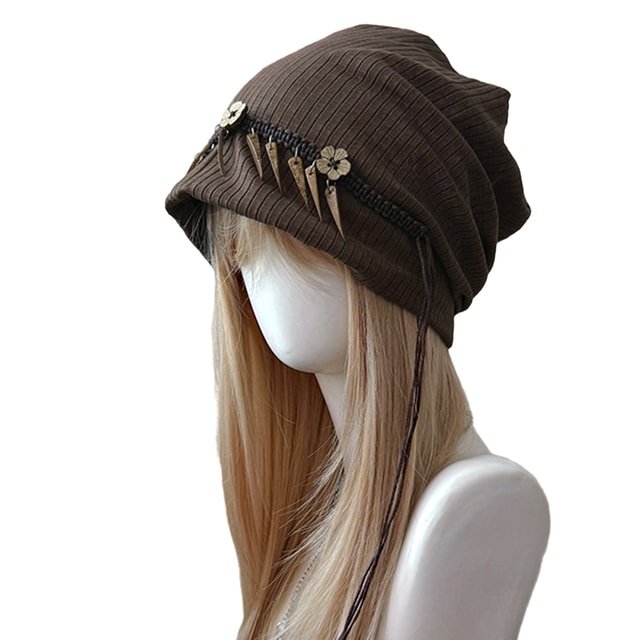 Ethnic‑Style Headwrap Hat With Wooden Flower Ornaments Coffee M