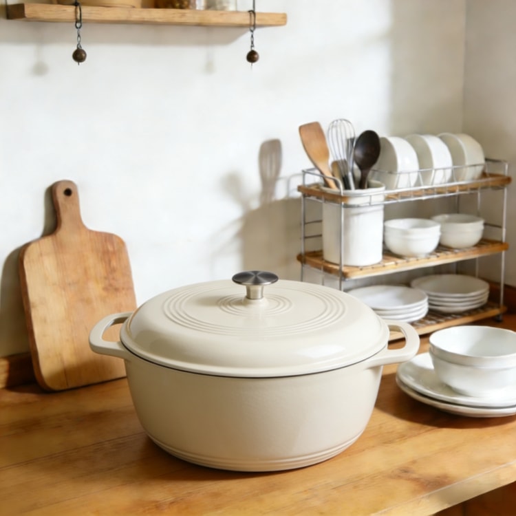 Sinamon 鋳鉄製ホーロー鍋 28cm (6QT) クリームホワイト、多機能家庭用