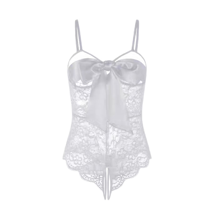 【Miss69】情趣內衣 | 性感繫帶蝴蝶結蕾絲開檔透視連身衣 - 均碼白色