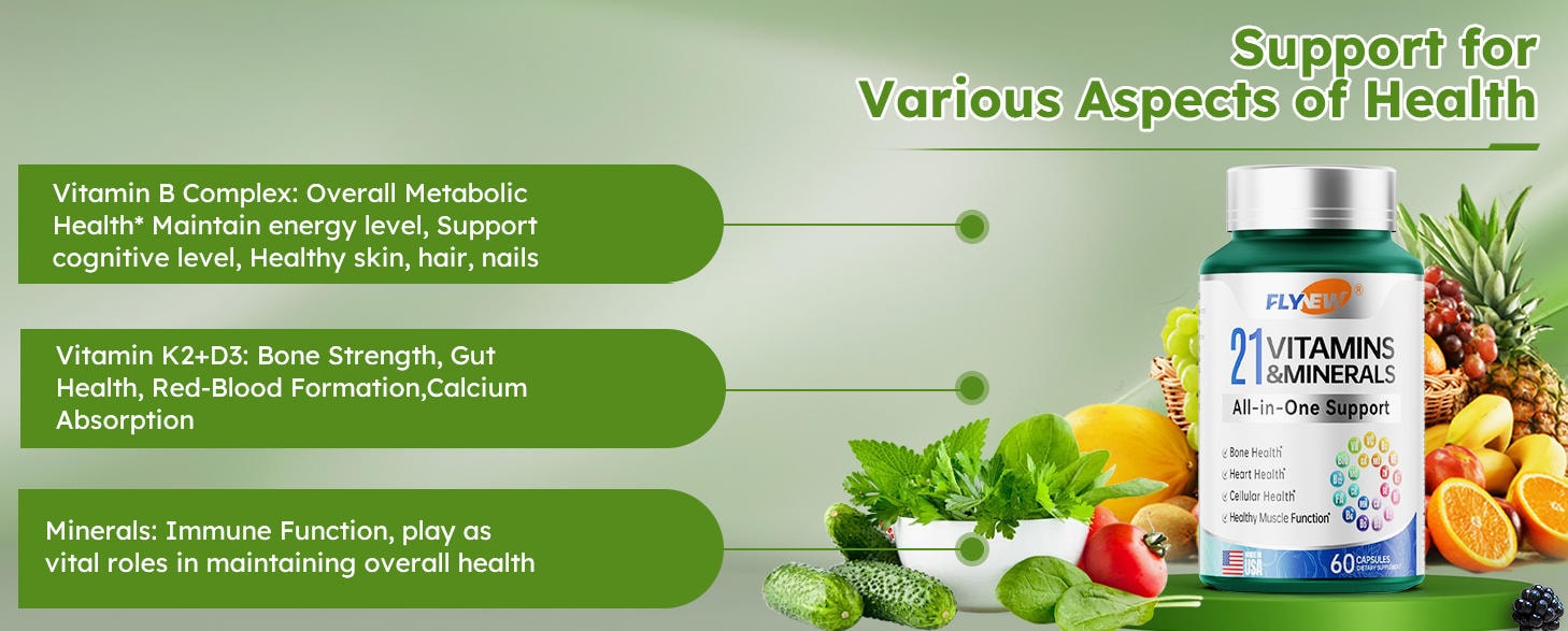 美国 Flynew 21种维生素 60粒/瓶 男女复合维生素 补充多种维生素和矿物质 增强免疫力 缓解体力疲劳 改善皮肤状态 预防骨质疏松