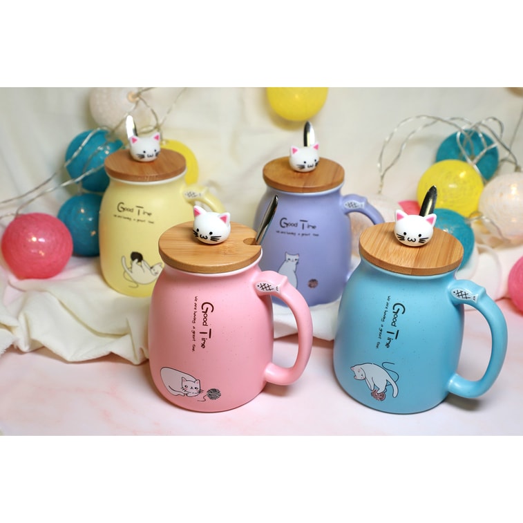 GINKGOHOME Cute Cat Milky Ceramic Mug With Spoon And Wood Lid - Sky Blue 12oz 7