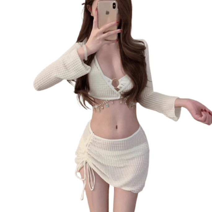 【中国直邮】 亲太太 比基尼四件套分体显瘦保守新款泡温泉碎花小胸聚拢 白色 XL码