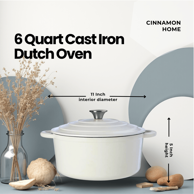 미국산 시나몬(Sinamon) 주철 에나멜 냄비 28cm(6쿼트), 무광 흰색, 프로스티드 피니시 시리즈. 천연 미세 압력 조리 방식으로 은은한 끓임과 저온 조리가 가능한 다기능 가정용 슬로우 쿠커/스튜 냄비입니다. 모든 종류의 가스레인지에서 사용 가능합니다. 7