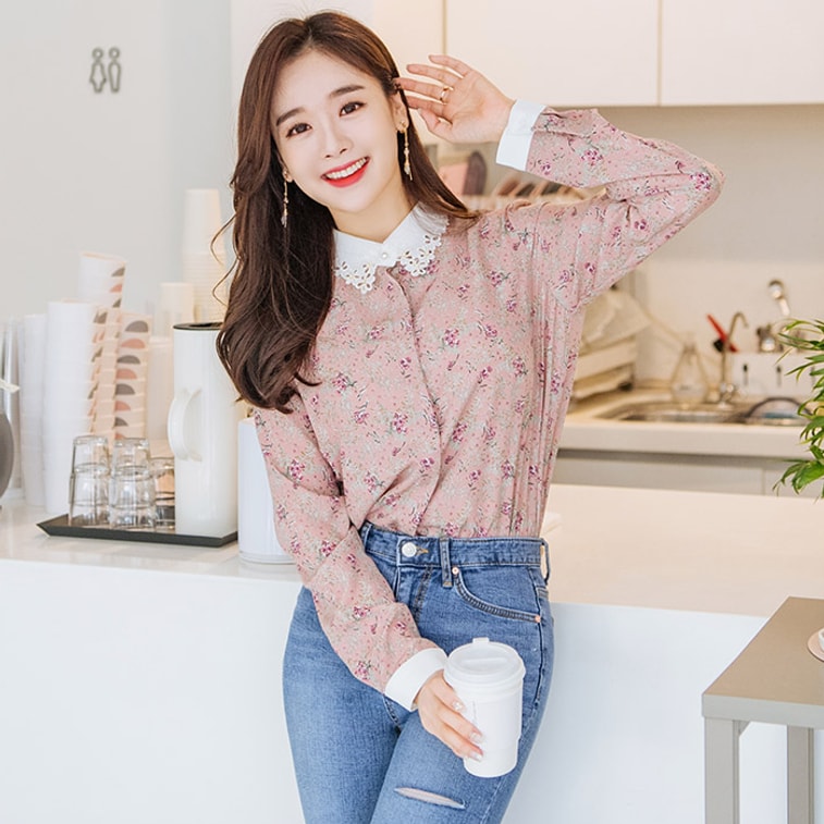 【韩国直邮】ATTRANGS 翻领碎花蕾丝花边衬衫 粉色 均码 3