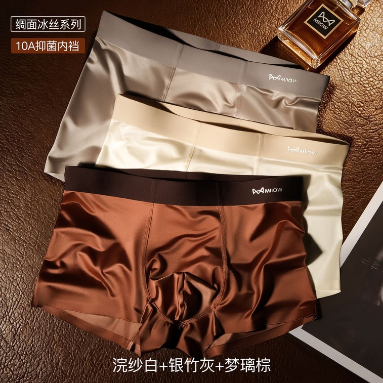[중국 직배송] 마오런 남성 속옷, 아이스 실크 통기성 항균 여름 고급 새틴 소재 얇고 루즈한 4부 반바지, 오리지널 컬러 (4개입) 1팩 4