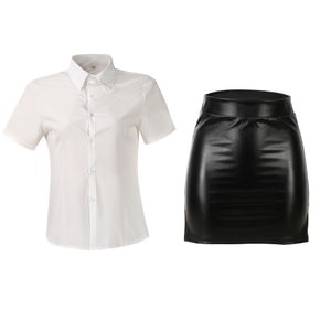 Secretary Uniform White Short Sleeve + Leather Skirt One Size