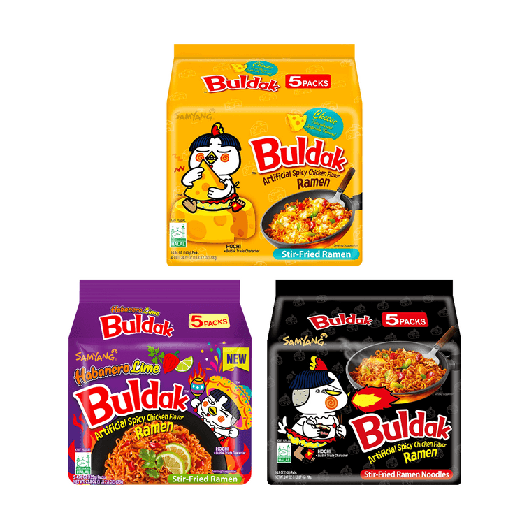 Korean Buldak Noodles Stir-Fried Ramen - Hot Chicken Flavor, Cheese Flavor, Habanero Lime Flavor,14.63 oz【Value Pack】 3