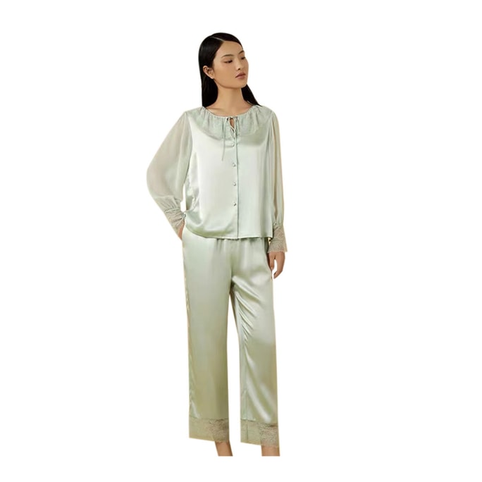 Real Silk Women's Pyjamas Lace Stitched Clothes And Trousers Cover Homewear YSFCA207# Ice Spring Color L