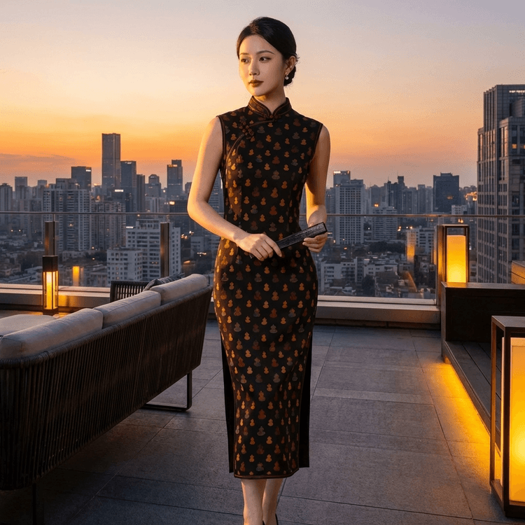 black and gold oriental dress Mulberry Silk Xiangyunsha Qipao Colorful Gourd Cheongsam XL Size black hanfu
