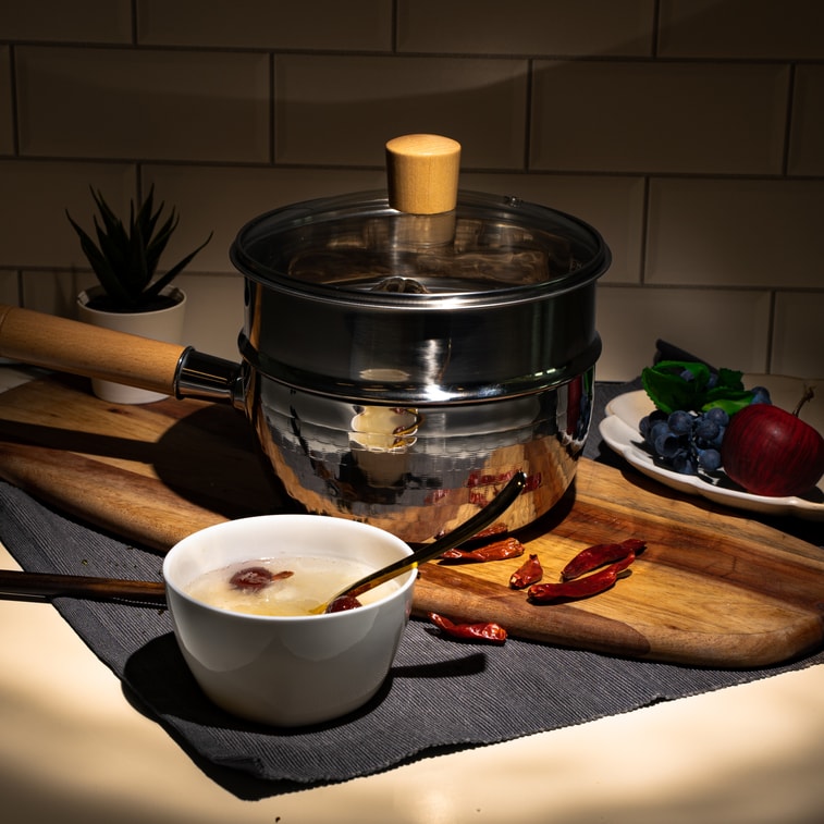 YUKIRO 日式锤纹不锈钢雪平锅 一人食蒸煮两用小奶锅 18cm 附蒸屉和盖子 燃气电磁炉通用 双耳蒸笼随机发货 11