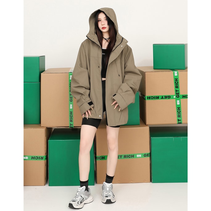 New American Retro Oversized Embroidered Hooded Jacket Coffee M