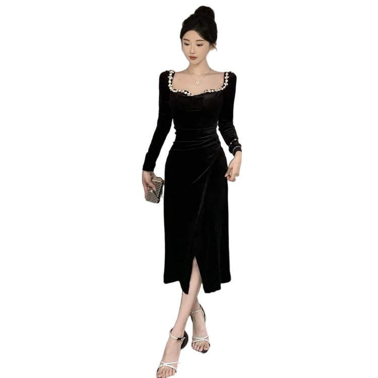 black velvet christmas party dress Luxury Niche Mini Gown High End Gathering Outfit Black S At this moment