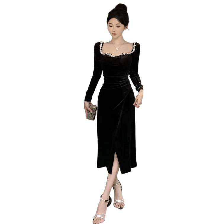 【中国直邮】 HSPM 轻奢小众party小礼服 高端圣诞聚会战袍 黑色丝绒连衣裙 黑色 L 10