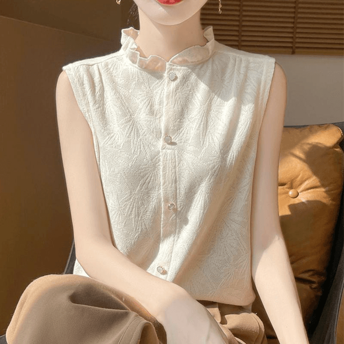 Chinese Style Knit Flower Collar Jacquard Sleeve T Shirt Tops Beige M