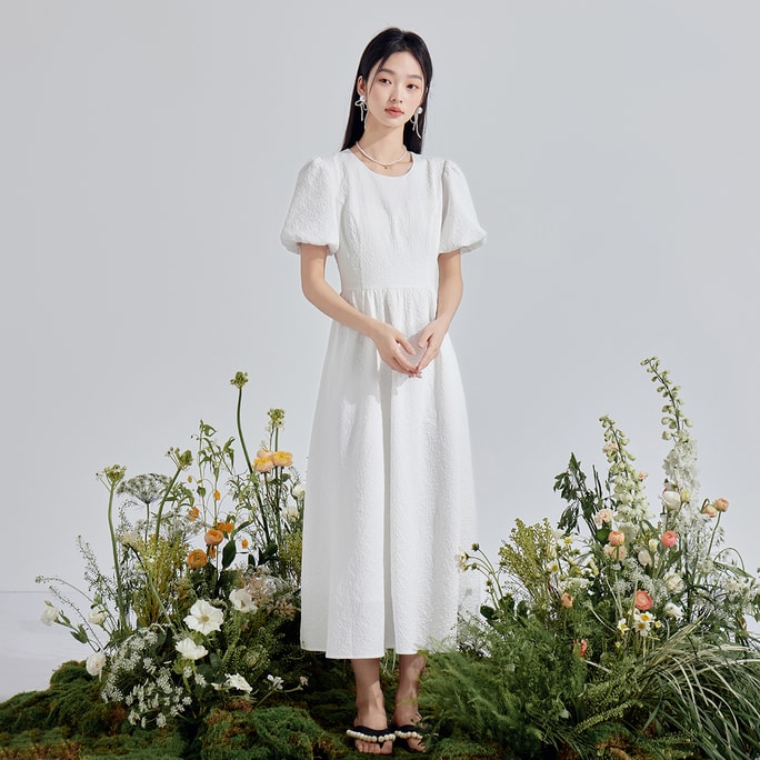 HSPM New Style Bubble Sleeve Texture Dress White S