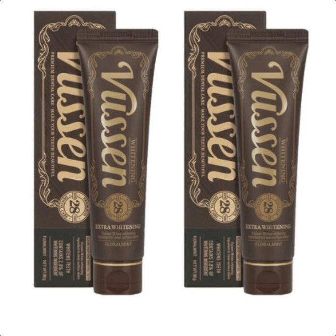 【韓国直送】Vussen 28 ホワイトニング歯磨き粉 フローラルミント風味 80g×2個。ステインをしっかり除去し、白く輝く肌に導く、泡立ちが少なくマイルドな味わいの韓国で人気の歯磨き粉です。