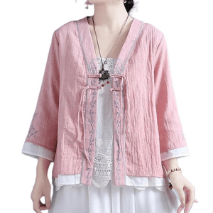 Chinese Style Cotton and Linen Embroidered Retro Button Three-quarter Sleeve Shirt Tops Pink M