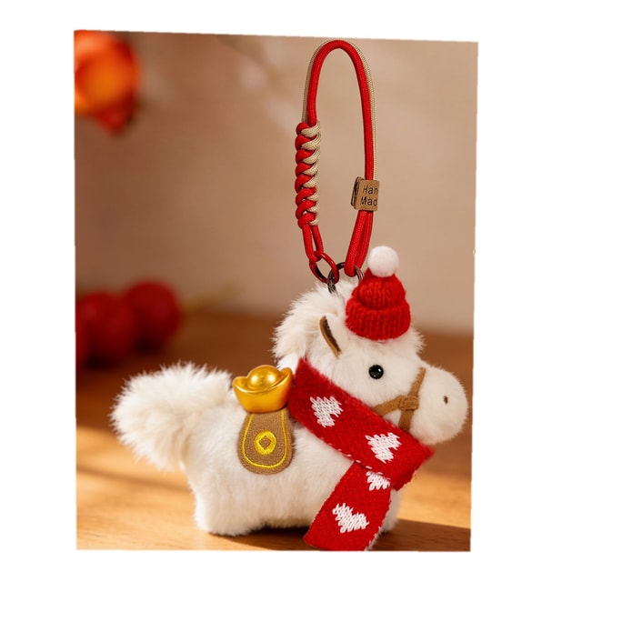 New Year Instant Good Fortune Plush Scarf Pony Keychain - Year of the Horse Mascot Bag Charm, Loving White Scarf for Instant Wealth 1Piece