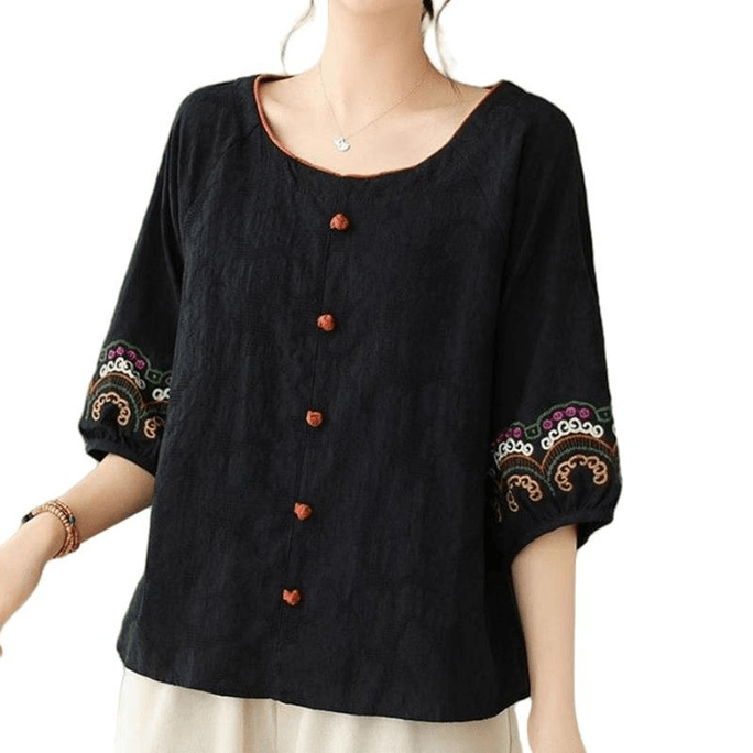 Chinese Style Cotton and Linen Loose Embroidered Half Sleeve T Shirt Black L