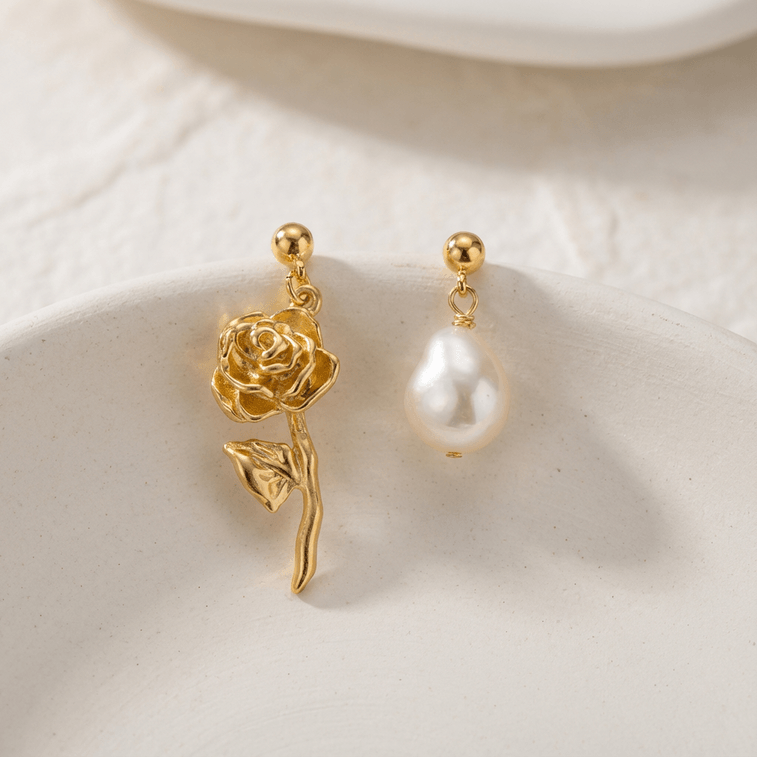 [Essential Gift for Women 's Day] Baroque Pearl Freshwater Retro rose stud earrings 925 Silver needle Retro Court Style earrings Asymmetrical French Elegant and Grand Niche Artistic Temperament 1 pair 3