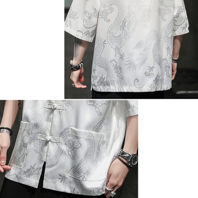 Chinese Style Silk Shirt Jacquard Retro Button Short Sleeve Tang-costume Shirt White 2X-Large 3