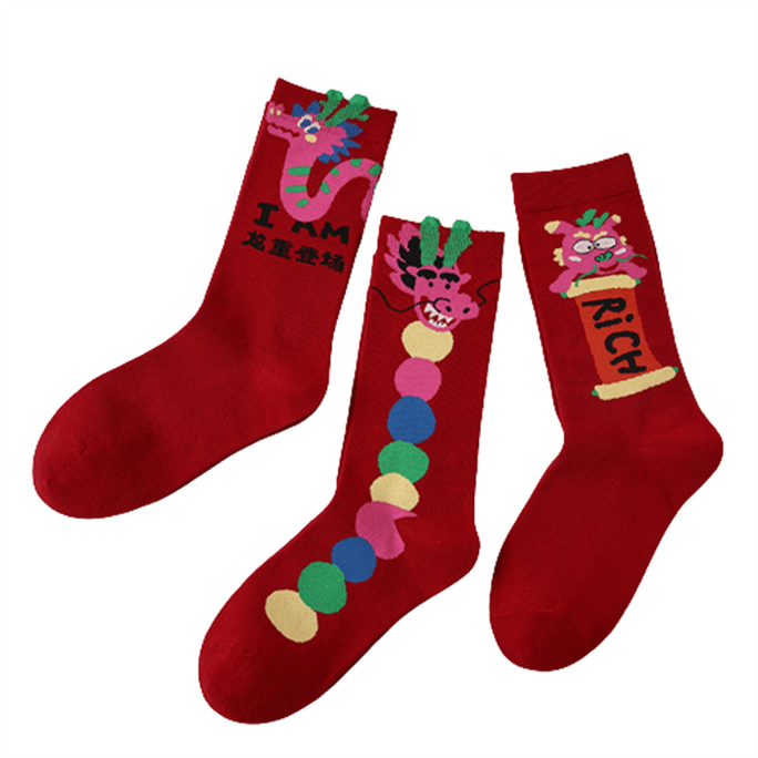 Renaissance Original Red  Socks For The Year Of The Dragon Cartoon Mid-Calf New Socks In Three Pairs Of Gift Boxes