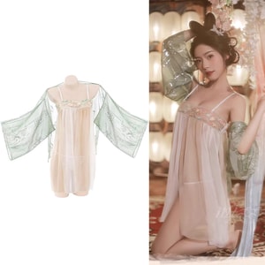 Lingerie Set - Yuhuan One Size (80-120 lbs) Traditional Hanfu Style Teasing & Sensual Nightwear Passionate Cosplay No-Undressing Required Alluring Ensemble 1 Set [Separate Ruqun Skirt + Robe + Thong]