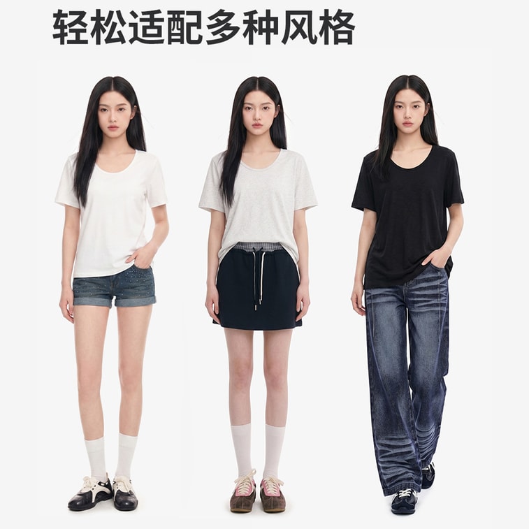 【중국 직배송】 HSPM 눈꽃 면 반팔 티셔츠 옅은 살구색 2XL 1개 여성 심플 단색 큰 라운드넥 루즈핏 편안한 캐주얼 상의 4
