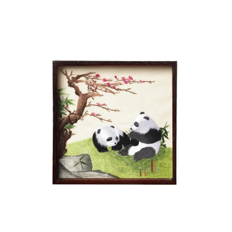 中国直邮】 全程锦绣苏绣手工真丝蚕线刺绣工艺品摆件国宝熊猫21*21*3.5