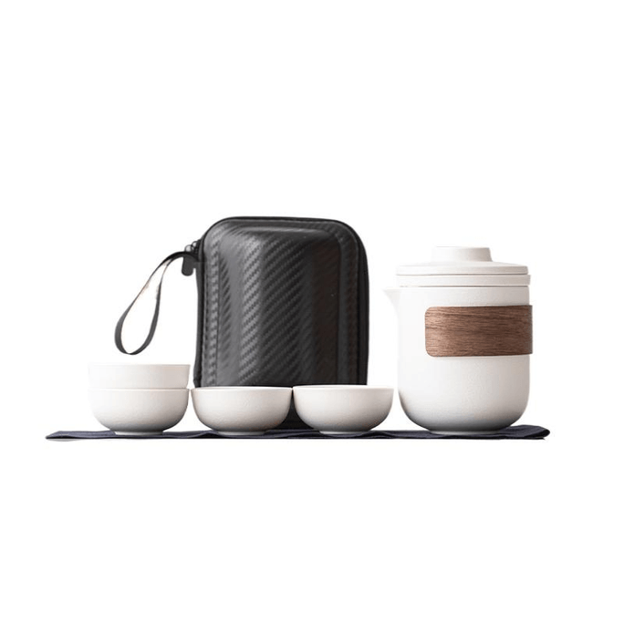 Portable Travel Ceramic Tea Set, Outdoor Set, Elegant White, One Pot, Four Cups 11.7CM