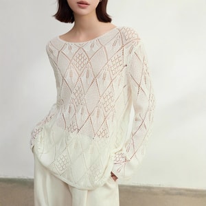 New Early Autumn Design Thin Style Long Sleeved One Neck Hollow Cover Sweater Knitted Sweater White  M