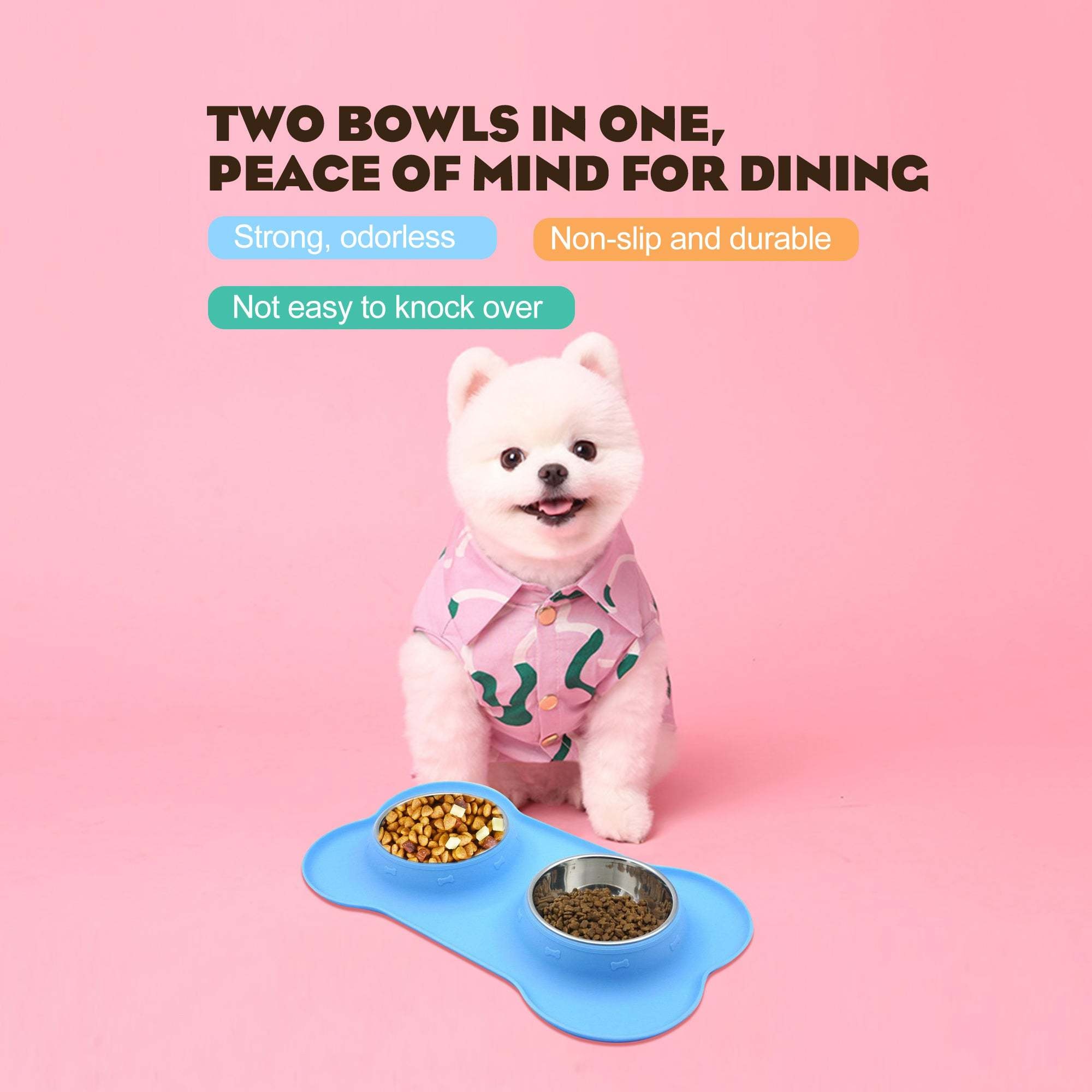 AKIAKDOG 狗貓碗不鏽鋼雙狗糧和水碗附防滑矽膠墊寵物餵食碗小型犬貓小狗碗藍色