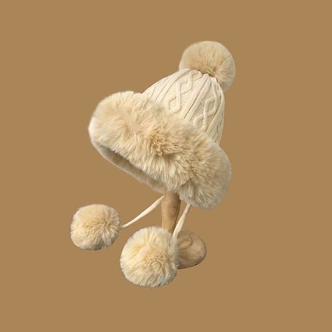 【中國直郵】 HSPM 新款保暖套頭護耳毛球加厚絨針織毛線帽 卡其 F