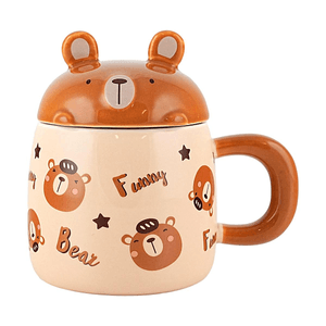 Product: Ceramic Mug with Lid & Spoon  - Brown Bear 14oz 【Cute Cartoon】【Ceramic Material】