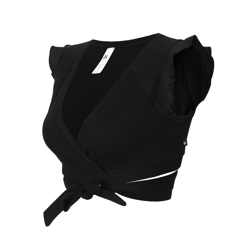 暴走的萝莉 无袖绑带运动短袖  健身瑜伽纯色短袖/温柔迷情黑#/S 6