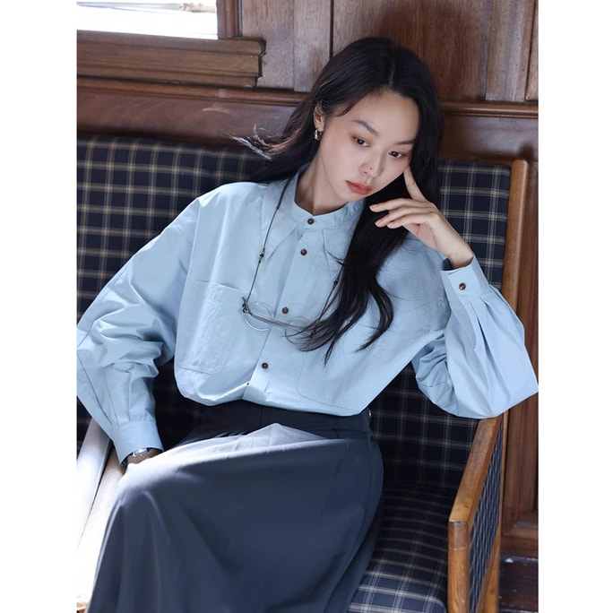 [중국 직배송] HSPM 뉴 스타일 포인티드 칼라 심플 통근 긴팔 셔츠 스카이블루 S