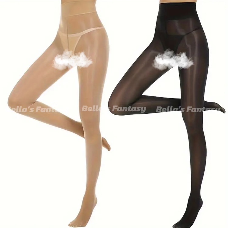 Bella's Fantasy Sexy Women's Ultra Sheer Lustrous Silky Crotchless  Pantyhose Glossy Stocking Skin+Black 2 Pairs One Size