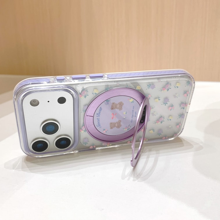 【中国直送】 HSPM iPhoneケース パープル小花柄ベア 17promax 1点 360度スタンド対応 iPhone保護カバー 5