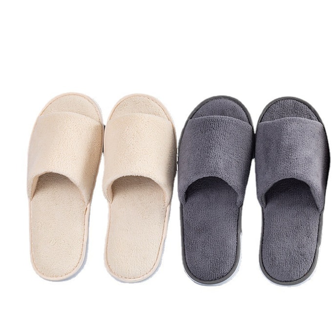 Home Hospitality Disposable Cotton Linen Slippers Coral Fleece Anti-slip Sole 2 Pairs