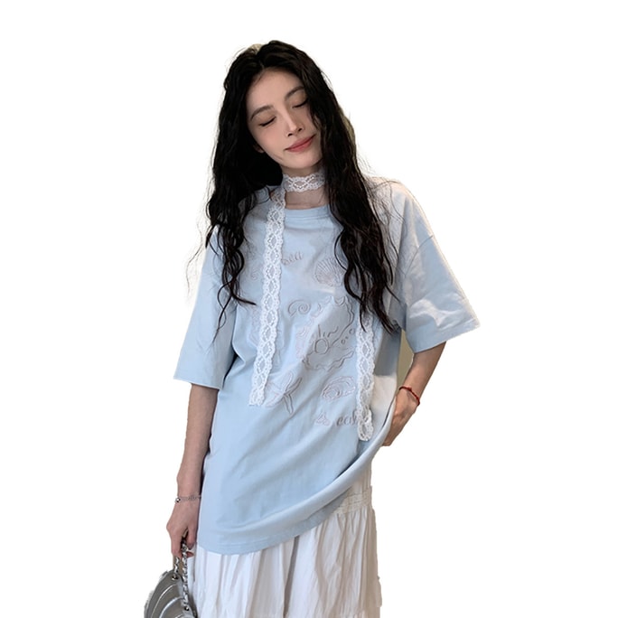 New Sweet And Versatile Graffiti Creative Short Sleeve Light Blue S